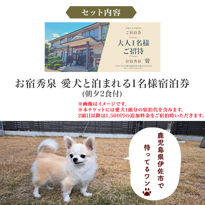 isa813 お宿秀泉 愛犬と泊まれる1名様宿泊券(朝夕2食付) 鹿児島県 伊佐市 宿泊 宿泊券 宿泊チケット 旅行 天然温泉 伊佐米 ステーキ 愛犬 犬 同伴可 【お宿秀泉】