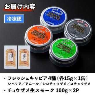 F3-01 純国産フレッシュキャビア(計60g・15g×4種類)＆チョウザメ生スモーク(200g)セット！ 国産 詰合せ 魚卵 白身 おつまみ 世界三大珍味 グルメ 贅沢 生ハム風 冷燻 加工品 冷凍 冷凍便【小田原養魚】