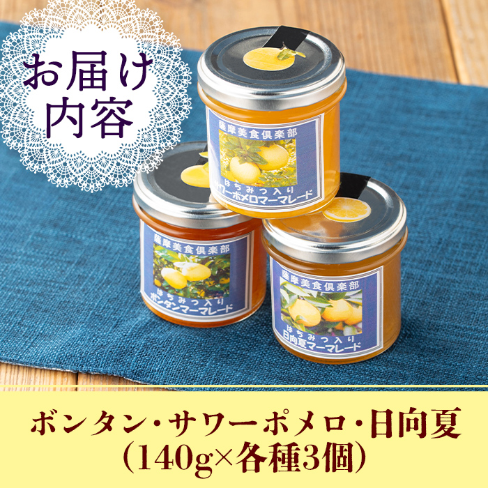 isa556 3種の柑橘ジャム食べ比べセットA(計9個・ボンタン、サワーポメロ、日向夏 各140g) 加工食品 果物 フルーツ 詰め合わせ 果肉 柑橘  低糖 ハンドメイド ジャム ギフト マーマレード【薩摩美食倶楽部】