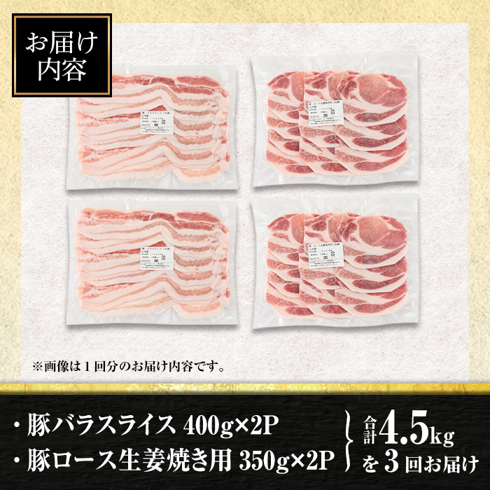 isa645 【定期便3回】九州産 豚肉2種セット (合計4.5kg・1.5kg×全3回) バラスライス ロース 生姜焼き 真空包装 真空パック 小分け ぶたにく 豚 肉 詰合せ 詰め合わせ 冷凍 【サンキョーミート株式会社】