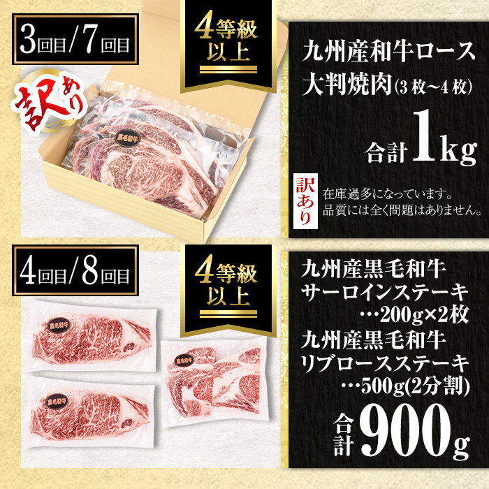 isa650 【定期便8回】工場開設一周年記念 牛肉堪能定期便(合計6.8kg) 黒毛和牛 リブロース サーロイン ステーキ スライス 大判 焼肉 牛 うし 牛肉 すきやき しゃぶしゃぶ 牛しゃぶ ロース アウトドア 食べ比べ BBQ 冷凍 【サンキョーミート株式会社】