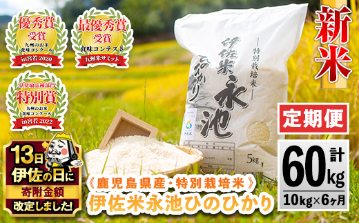 H4-01 【伊佐の日・寄附額改定】【定期便】令和7年産 特別栽培米 伊佐米永池ひのひかり(計60kg・10kg×6ヶ月) 伊佐市 永池 お米 米 白米 精米 伊佐米 食味コンテスト 最優秀賞受賞 ヒノヒカリ 【エコファーム永池】