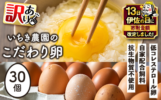 isa317 【伊佐の日・寄附額改定】《訳あり・毎月数量限定》いちき農園のこだわり卵(計30個・15個入り×2パック) 平飼い 鶏 たまご 低コレステロール 抗生物質不使用 卵かけご飯 TKG 訳あり【いちき農園】