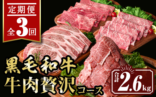 isa447 【定期便3回】牛肉贅沢コース (合計2.6kg) 国産 肉 牛肉 霜降り すきやき しゃぶしゃぶ 牛しゃぶ 冷凍 ロース カタロース 肩ロース リブロース ステーキ アウトドア BBQ 食べ比べ セット【サンキョーミート株式会社】