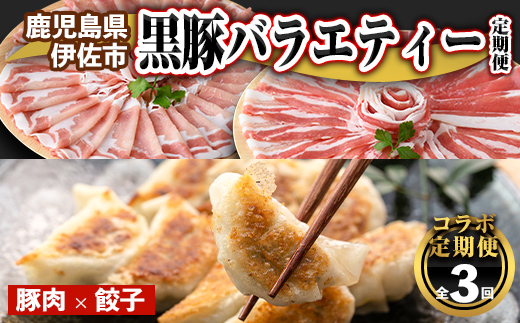 isa460 【定期便】コラボ定期便！黒豚バラエティー定期便 (全3回) 定期便 コラボ定期便 黒豚 豚 ぶた ロース バラ スライス 生餃子 冷凍食品 おつまみ 惣菜 簡単調理 【サンキョーミート株式会社・工房ゆう】