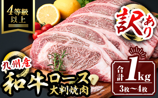 isa574 ＜訳あり＞九州産和牛ロース大判焼肉(合計1kg・3枚～4枚) 4等級以上国産 真空包装 真空パック リブロース ステーキ 牛 うし 牛肉 アウトドア BBQ 冷凍【サンキョーミート株式会社】