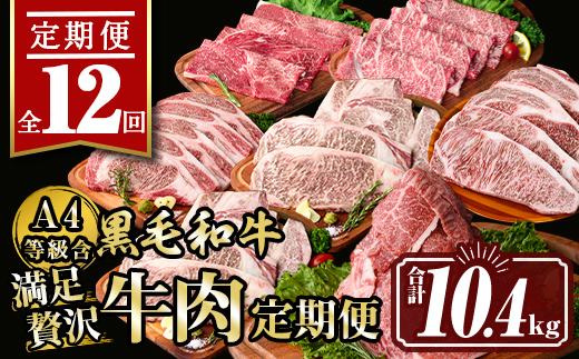 isa585 【定期便12回】満足贅沢 牛肉定期便(合計10.4kg) 肉 牛肉 霜降り すきやき しゃぶしゃぶ 牛しゃぶ サーロイン リブロース ステーキ 冷凍 ロース カタロース 肩ロース BBQ アウトドア【サンキョーミート株式会社】