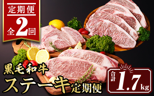 isa640 【定期便2回】黒毛和牛ステーキ定期便(合計1.7kg) 真空包装 真空パック リブロース サーロイン ステーキ 牛 うし 牛肉 アウトドア 食べ比べ BBQ 冷凍 【サンキョーミート株式会社】