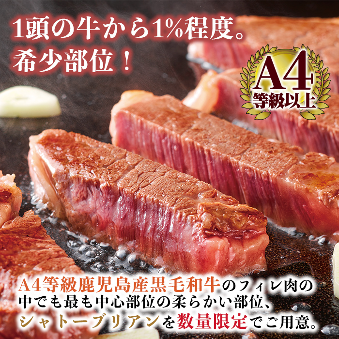 a269 A4等級 以上 鹿児島産黒毛和牛・シャトーブリアン2枚(合計200g)【財宝】国産 牛肉 希少部位 フィレ ステーキ