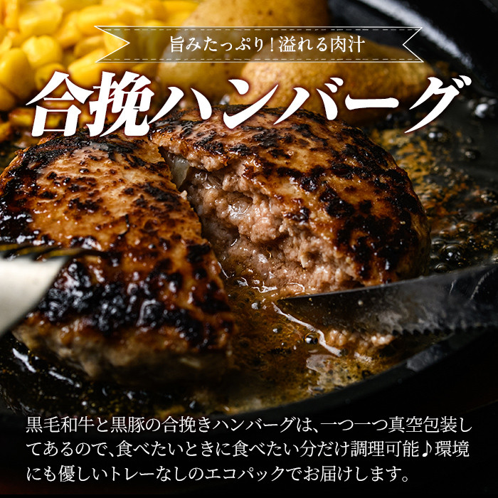 a842 黒毛和牛&黒豚合挽ハンバーグ計1.5kg(150g×10個)(トレー無しSDGs)【水迫畜産】姶良市 国産 鹿児島県産 肉 牛肉 牛 豚肉 豚 総菜 冷凍ハンバーグ ハンバーグ おかず 焼くだけ 簡単 冷凍 個包装 小分け パック 一人暮らし