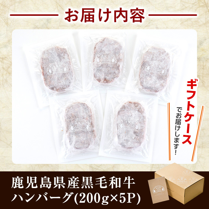 a750 鹿児島県産黒毛和牛ハンバーグセット(200g×5パック)【AKR Food Company】姶良市 国産 牛肉100% 冷凍 小分け