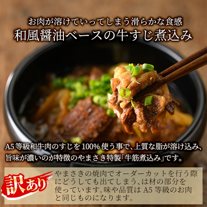 a822 《訳あり》国産A5等級和牛100％牛すじ煮込み合計1.25kg(250g×5食分)【やまさき】姶良市 牛筋 牛すじ 煮込み おかず 惣菜 おつまみ 時短調理 国産和牛 セット 冷凍