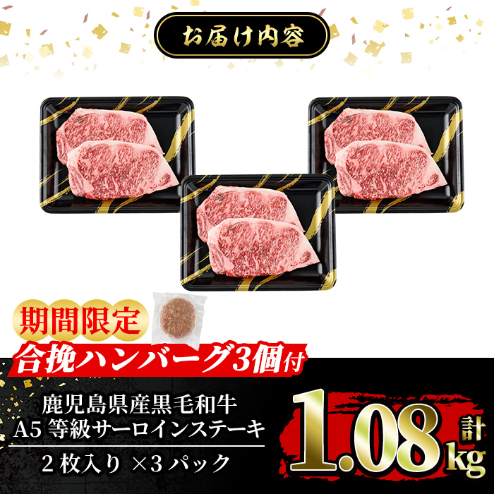 a853-C ＜期間限定！合挽ハンバーグ付＞≪A5等級≫鹿児島県産黒毛和牛サーロイン2枚入り(3P計1.08kg) 【水迫畜産】姶良市 国産 牛肉 サーロインステーキ ステーキ ステーキ肉 和牛