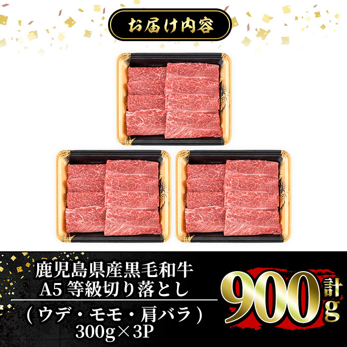 a856 ≪A5等級≫鹿児島県産黒毛和牛切り落とし計900g(300g×3P)【水迫畜産】 姶良市 国産 牛肉 切り落とし