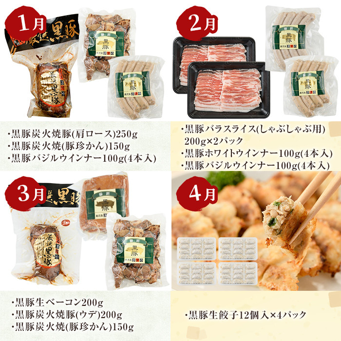 a889 《定期便全12回》鹿児島ますやの鹿児島黒豚「短鼻豚」のお肉＆無添加加工品【鹿児島ますや】姶良市 豚肉 黒豚 無添加 ソーセージ ウィンナー ウインナーソーセージ ベーコン チャーシュー 炭火焼き ハム 焼肉 しゃぶしゃぶ 餃子 おかず