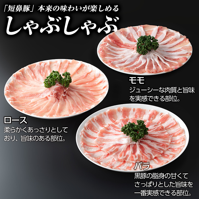 a005-A 【3回定期便】鹿児島黒豚「短鼻豚」しゃぶしゃぶセット計1.8kg(600g×3回)(ロース肉・バラ肉・モモ肉)【鹿児島ますや】姶良市 国産 鹿児島県 肉 豚 豚肉 黒豚 スライス しゃぶしゃぶ セット 小分け 食べ比べ