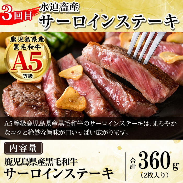 a969-A ＜コラボ定期便！＞姶良市おすすめ！ステーキ肉定期便(全3回)【水迫畜産・財宝】 姶良市 コラボ こらぼ 国産 鹿児島産 お肉 肉 牛肉 ステーキ 冷凍 ランプ シャトーブリアン サーロイン