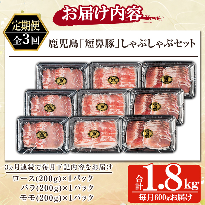 a005-A 【3回定期便】鹿児島黒豚「短鼻豚」しゃぶしゃぶセット計1.8kg(600g×3回)(ロース肉・バラ肉・モモ肉)【鹿児島ますや】姶良市 国産 鹿児島県 肉 豚 豚肉 黒豚 スライス しゃぶしゃぶ セット 小分け 食べ比べ