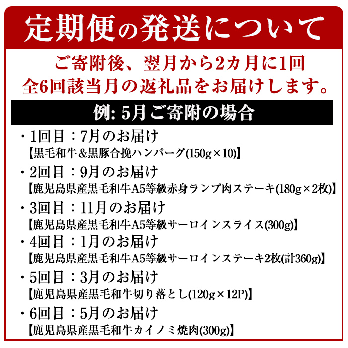 a1035 《定期便全6回》黒毛和牛満喫セット(計4.26kg)サーロインステーキ・切り落とし・カイノミ焼肉・ハンバーグ・赤身ランプステーキ・サーロインスライスの定期便【水迫畜産】国産 鹿児島産 肉 牛肉 牛 冷凍