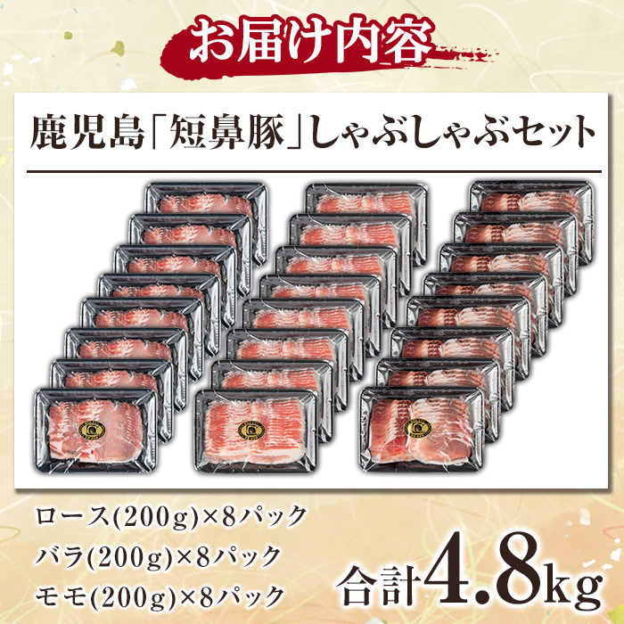 a309 鹿児島黒豚「短鼻豚」しゃぶしゃぶセット計4.8kg(ロース肉・バラ肉・モモ肉) 【鹿児島ますや】姶良市 国産 鹿児島県 肉 豚 豚肉 黒豚 スライス しゃぶしゃぶ セット 小分け 食べ比べ