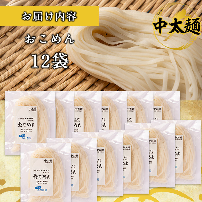 a740 おこめん中太麺(100g×12食)【本村農園】 姶良市 麺 中太麺 グルテンフリー ヘルシー 米粉麺 ヒノヒカリ 新食感 離乳食 小分け パック セット 常温 常温保存