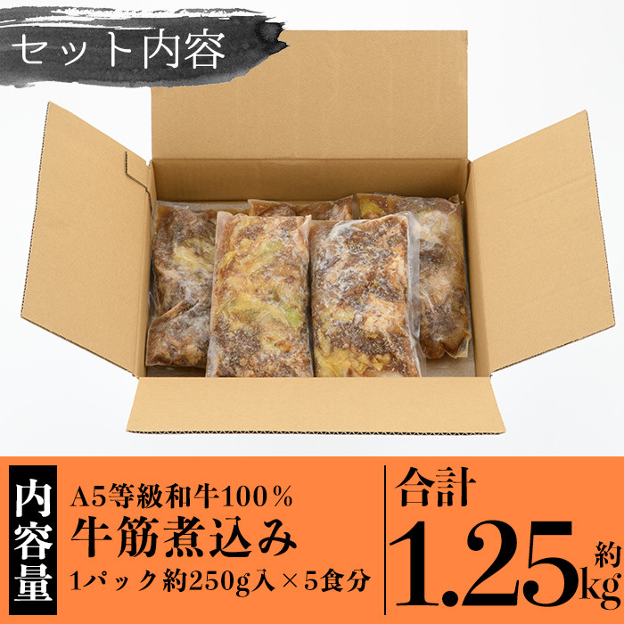 a822 《訳あり》国産A5等級和牛100％牛すじ煮込み合計1.25kg(250g×5食分)【やまさき】姶良市 牛筋 牛すじ 煮込み おかず 惣菜 おつまみ 時短調理 国産和牛 セット 冷凍