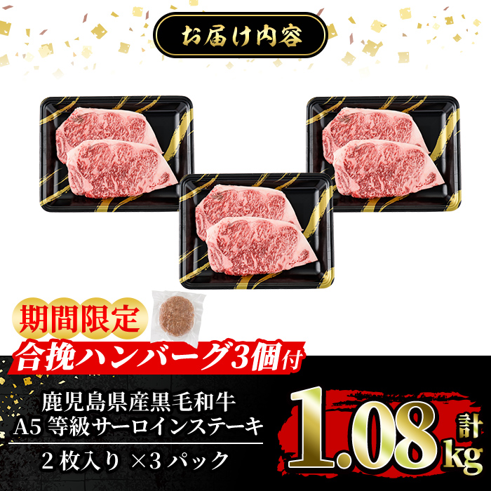 a853-C ＜期間限定！合挽ハンバーグ付＞≪A5等級≫鹿児島県産黒毛和牛サーロイン2枚入り(3P計1.08kg) 【水迫畜産】姶良市 国産 牛肉 サーロインステーキ ステーキ ステーキ肉 和牛