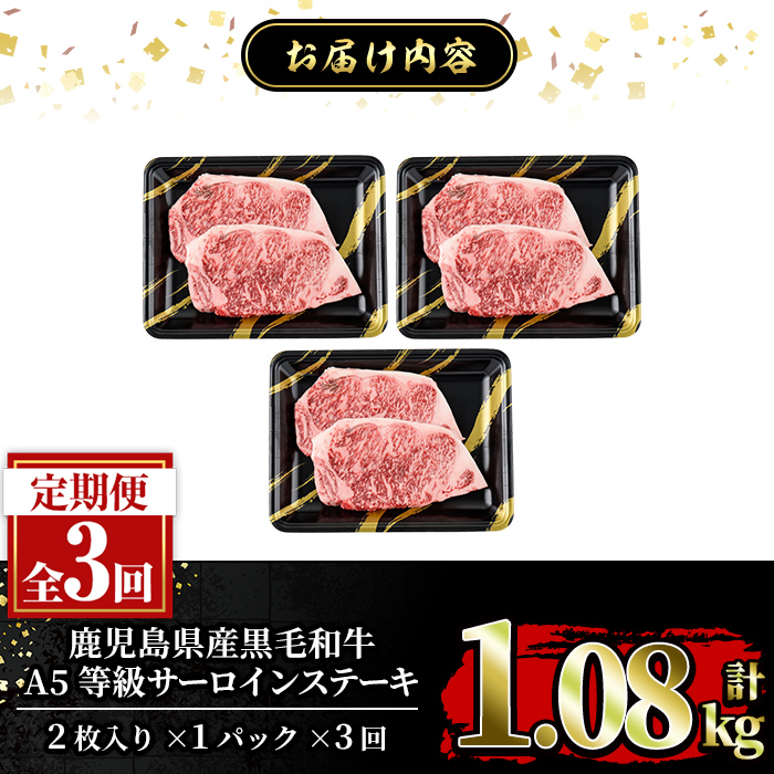 a853-E ＜期間限定！合挽ハンバーグ付＞【3回定期便】≪A5等級≫鹿児島県産黒毛和牛サーロイン2枚入り(3P計1.08kg) 【水迫畜産】姶良市 国産 牛肉 サーロインステーキ ステーキ ステーキ肉 和牛