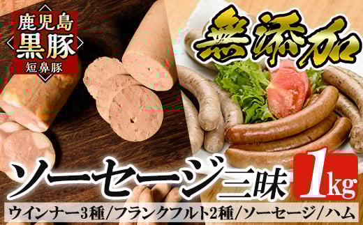 a042 鹿児島黒豚「短鼻豚」無添加ハムソーセージ三昧詰め合わせ総合計1kg【鹿児島ますや】 姶良市 国産 ウィンナー 無添加 ウインナー ソーセージ フランクフルト ハム 冷凍 黒豚 豚肉 おかず