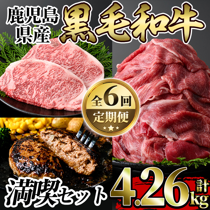 a1035 《定期便全6回》黒毛和牛満喫セット(計4.26kg)サーロインステーキ・切り落とし・カイノミ焼肉・ハンバーグ・赤身ランプステーキ・サーロインスライスの定期便【水迫畜産】国産 鹿児島産 肉 牛肉 牛 冷凍