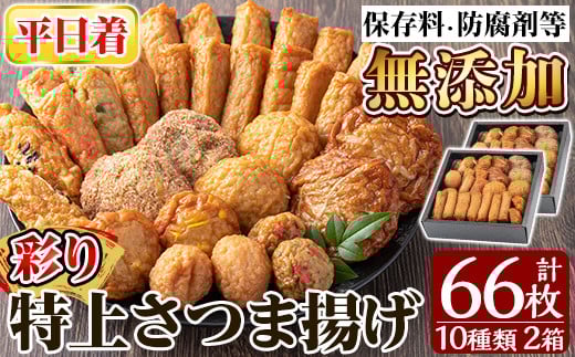 a282-01 ＜平日着分＞特上さつま揚げ彩り合計66枚(10種33枚)×2箱【薩摩のまごころ】姶良市 さつまあげ 薩摩揚げ 惣菜 おかず ギフト 贈答用