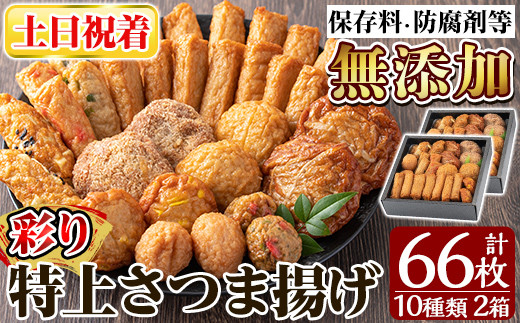 a282-02 ＜土日祝着分＞特上さつま揚げ彩り合計66枚(10種33枚)×2箱【薩摩のまごころ】姶良市 さつまあげ 薩摩揚げ 惣菜 おかず ギフト 贈答用