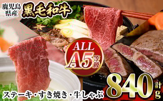 a839 ≪ALL！A5等級≫鹿児島県産黒毛和牛赤身ステーキ(120g×2枚)・モモすき焼き(300g)・モモしゃぶしゃぶ(300g)の詰め合わせセット！【水迫畜産】姶良市 国産 牛肉 和牛 すき焼き肉 すき焼き用牛肉 ステーキ肉
