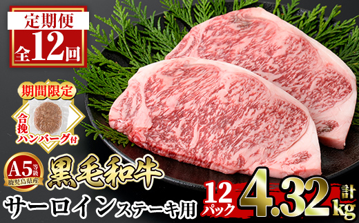 a853-G ＜期間限定！合挽ハンバーグ付＞【12回定期便】≪A5等級≫鹿児島県産黒毛和牛サーロイン2枚入り(12P計4.32kg) 【水迫畜産】姶良市 国産 牛肉 サーロインステーキ ステーキ ステーキ肉 和牛