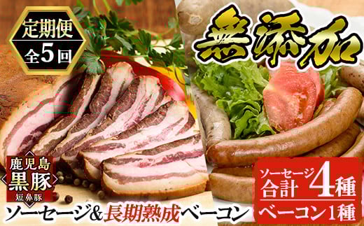 a877 《定期便全5回》鹿児島黒豚「短鼻豚」無添加ソーセージ＆長期熟成ベーコン【鹿児島ますや】 姶良市 ウインナー ウィンナー フランクフルト ベーコンブロック 無添加 長期熟成 おつまみ 冷凍 黒豚 バラ肉 スモーク おかず