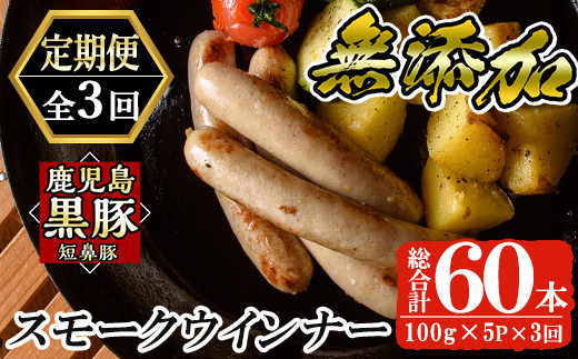 a878 《定期便全3回》鹿児島黒豚「短鼻豚」無添加スモークウインナー計60本(20本×3回)【鹿児島ますや】 姶良市 ウインナー ウィンナー 無添加 おつまみ 冷凍 黒豚 スモーク おかず