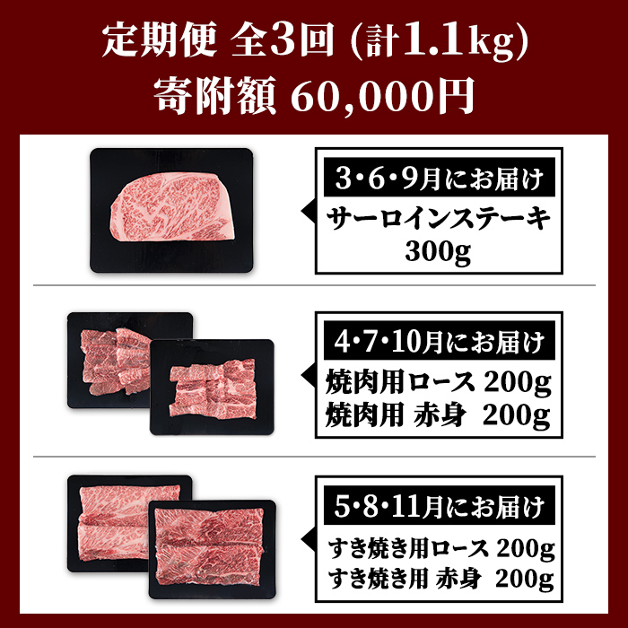 s702  ＜定期便・全3回＞鹿児島県産 北さつま高崎牛 プレミアムセット (合計約1.1kg)  黒毛和牛 牛肉 A5ランク A5等級 ステーキ サーロイン 霜降り サシ 赤身 すきやき すき焼き しゃぶしゃぶ 焼肉 セット 真空パック 冷凍 【太田家】