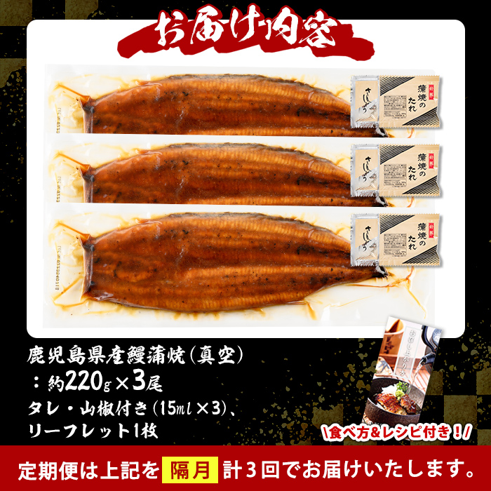 s734 【隔月・定期便3回】＼特大サイズ／ 鹿児島県産 鰻蒲焼真空セット！(計約1.98kg・約220g×3尾×3回) タレ・山椒付！ 鹿児島 九州産 国産 うなぎ ウナギ 鰻 土用の丑の日 蒲焼き うな重 ひつまぶし 定期便 隔月 1ヶ月おきに 冷凍 【薩摩川内鰻】