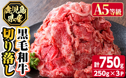 s629 【A5等級】鹿児島県産黒毛和牛切り落とし(計750g・250g×3パック)  鹿児島 国産 黒牛 牛肉 九州産 切落し  A5等級 小分け お肉 【カミチク】