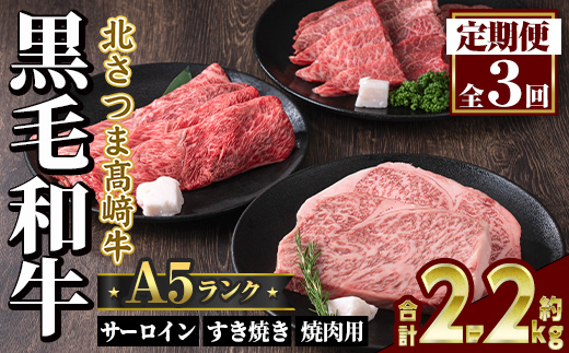 s717  ＜定期便・全3回＞鹿児島県産 北さつま高崎牛 プレミアムセット (合計約2.2kg)  黒毛和牛 牛肉 A5ランク A5等級 ステーキ サーロイン 霜降り サシ 赤身 すきやき すき焼き しゃぶしゃぶ 焼肉 セット 真空パック 冷凍 【太田家】
