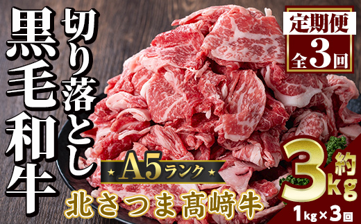 s700  ＜定期便・全3回＞鹿児島県産 北さつま高崎牛 切り落とし肉(計3kg(約500g×2P×3回) 国産 九州産 黒毛和牛 A5ランク A5等級 赤身 雌牛 切落し 切り落し 切落とし 牛肉 小分け お肉 真空パック 冷凍 【太田家】