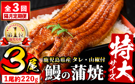 s734 【隔月・定期便3回】＼特大サイズ／ 鹿児島県産 鰻蒲焼真空セット！(計約1.98kg・約220g×3尾×3回) タレ・山椒付！ 鹿児島 九州産 国産 うなぎ ウナギ 鰻 土用の丑の日 蒲焼き うな重 ひつまぶし 定期便 隔月 1ヶ月おきに 冷凍 【薩摩川内鰻】