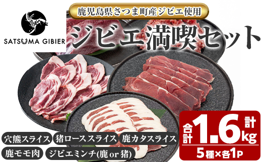 s761 [鹿児島県さつま町産ジビエ使用]穴熊入りジビエ満喫セット[穴熊(スライス)/猪ロース(スライス)/熟成RUB鹿モモ(スライス)/鹿モモ肉/猪ミンチ](合計約1.6kg・5種) 国産 鹿児島県 鹿肉 猪肉 穴熊肉 シカ イノシシ 穴熊 アナグマ ジビエ 肉 スライス モモ肉 モモ 食べ比べ 詰合せ 冷凍 [さつまのジビエファクトリー]