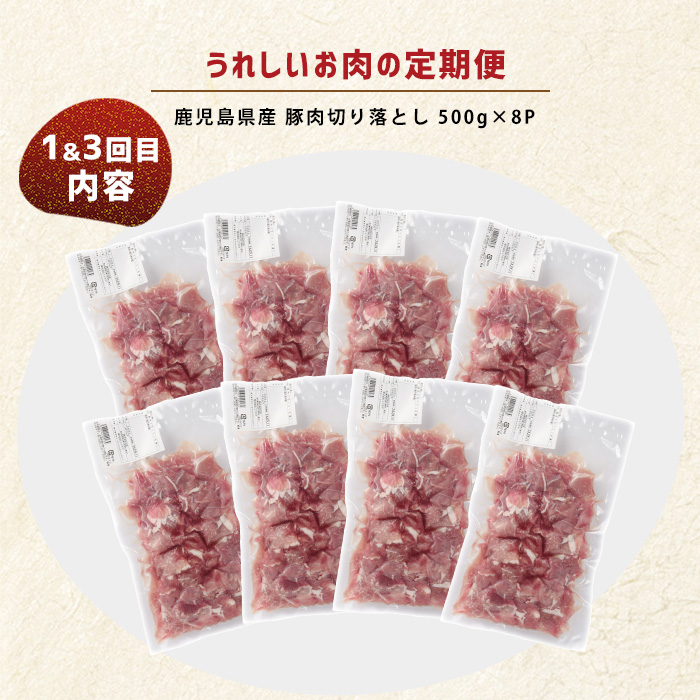 ＜定期便・毎月発送全4回＞ うれしいお肉の定期便 鹿児島県産 豚肉 切り落とし (計4kg・500g×8P) 黒毛和牛 切り落とし (計600g・300g×2P) 【コワダヤ】【宮路ファーム】_nagashima-1520