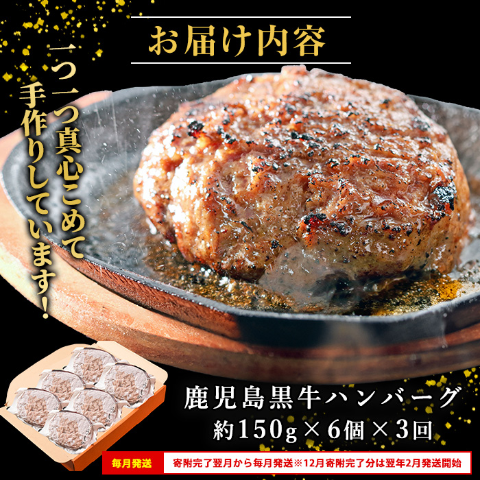 ＜定期便：毎月発送全3回＞鹿児島黒牛特選ハンバーグ(計約900g・約150g×6個)国産 鹿児島 ハンバーグ 冷凍 セット【nixy中山亭】_chuzan-1511