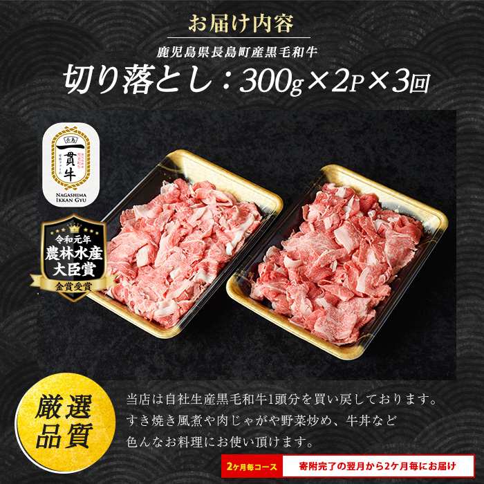 《定期便：2ヶ月毎全3回》宮路ファームの黒毛和牛切り落とし(300g×2パック)鹿児島県産 切り落とし 牛肉 すき焼き パック詰め 肉じゃが 牛丼 野菜炒め 農林水産大臣賞 肉 しゃぶしゃぶ 国産黒毛和牛 焼肉 定期便【宮路ファーム】_f-miyaji-1389-03R7