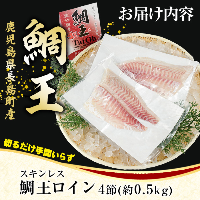 長島町特産「鯛王」スキンレスロイン 4節入り (約0.5kg) ＼カットするだけ簡単！新鮮なお刺身が楽しめる／ 産地直送 新鮮 旨味が抜群の 長島町 特産品 ブランド 刺身 鯛めし 鯛茶漬け 鯛しゃぶ 鯛刺身 鮮魚 冷蔵 【JFA】_jfa-7121