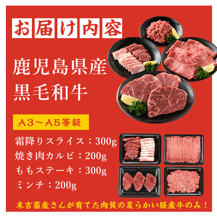 鹿児島県産黒毛和牛 食べ比べ4部位セット(計1kg) 鹿児島県産 国産 九州 長島町 牛肉 モモ カルビ ミンチ ももステーキ BBQ 焼肉【コネクトライン】_konekuto-7183