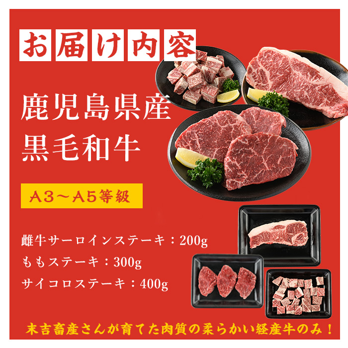 鹿児島県産黒毛和牛ステーキ食べ比べ３点セット(計900g) 国産 九州 鹿児島 長島町 牛肉 サーロイン ももステーキ モモ サイコロ 焼肉 BBQ【コネクトライン】_konekuto-7185