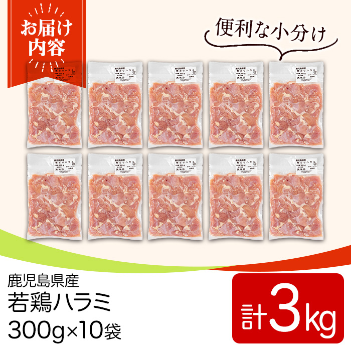 y538 鹿児島県産若鶏ハラミ(300g×10袋・合計3kg) 国産 鶏肉 鳥肉 肉 若鶏 お肉 ハラミ 希少 小分け 冷凍 真空パック 【TRINITY】